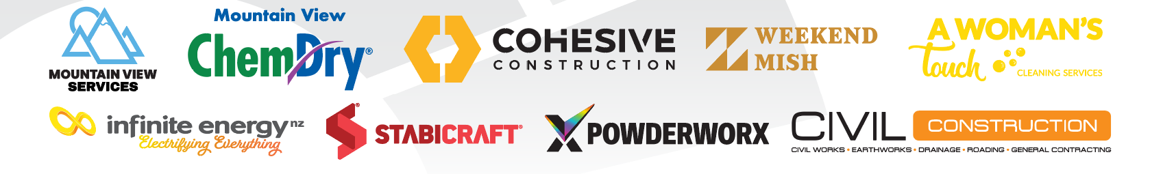 Mountain View Services, ChemDry, Cohesive Construction, Weekend Mish, A Woman's Touch Cleaning Services, Infinite Energy, Stabicraft, Powderworx and Civil Construction