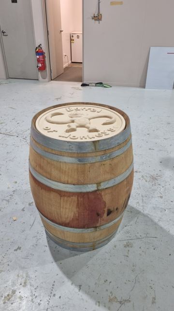 CNC-routed barrel lid, Barrel of Monkeys